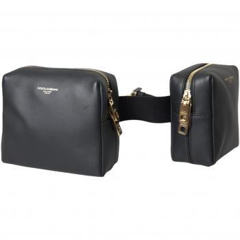 Dolce & Gabbana Black Calfskin Leather Double Waist Belt Fanny Pack Bag, Female, One Size