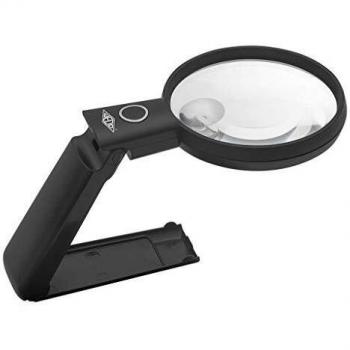 Lupa LED de mano WEDO con soporte plegable, 90 mm de diámetro, aumentos 2x y 4x, color negro