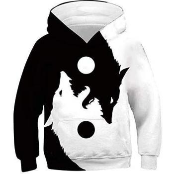 SunFocus Sudadera con capucha para niños pequeños Estampado 3D Lobo Gráfico Niños Niñas Negro Blanco Manga larga Ropa de invierno transpirable Sudaderas Pullover con bolsillo S