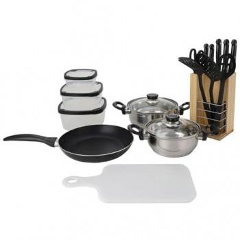 Batería de cocina Well Home 18 piezas (1 sartén + 2 cacerolas + 1 tabla de cortar + 1 tijeras + 3 utensilios de nylon + 4 tuppers + 1 bloque de madera)