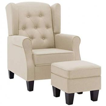 Sillón con taburete reposapiés de tela crema Vidaxl Crema