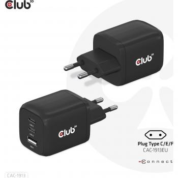 Cargador de viaje Club3D 65W con tecnología GAN, 3 puertos (2xUSB-C + USB-A), soporte Power Delivery (PD) 3.0 y PPS