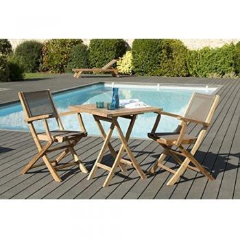 Conjunto de Jardín de Teck - Mesa Cuadrada Plegable 70 cm y 2 Sillones Plegables en Textileno Color Taupe para 2 Personas