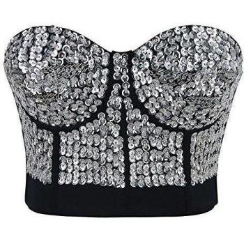 Charmian Women's Burlesque Fashion Beaded Sequins Push Up Crop Top Bustier Bra Silver XX-Large