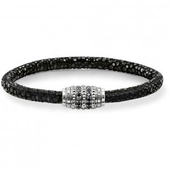 Thomas Sabo Black/Silver Leather Bracelet with Zirconia Accents for Men, Size: ONE SIZE