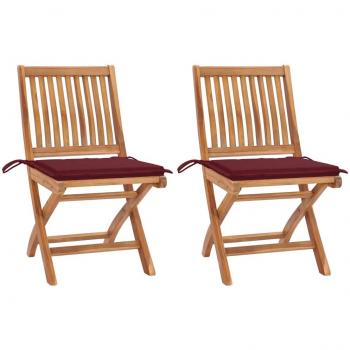 Sillas de jardín 2 piezas con almohadas Teca de vino rojo sólido