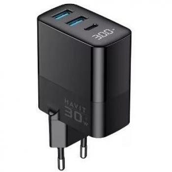 Cargador Havit USB-A1 + USB-A2 + USB-C UCLE001 EU (30W) Negro