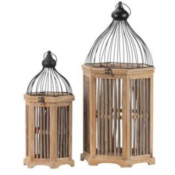 Set de 2 Faroles Antiguos para Decoración de Interiores - Madera/Metal, 31x27x66 cm y 22x19x48 cm