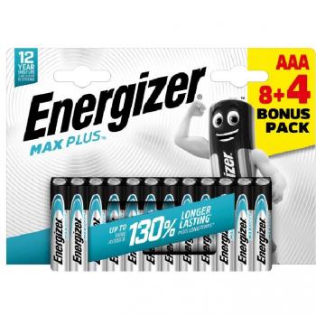 Energizer Max Plus Pack promocional de 12 Pilas AAA Larga duración para Uso Cotidiano sin sulfatación y Mantiene Carga 12 años