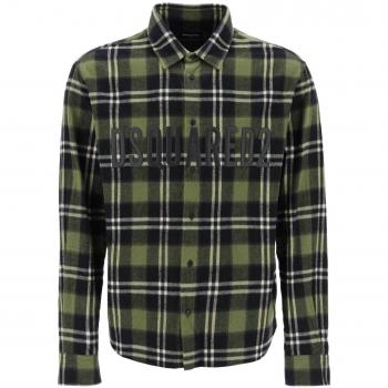 Dsquared2 Plaid-Print Flannel Shirt with Rubberized Logo - Size 48 - Green - Male