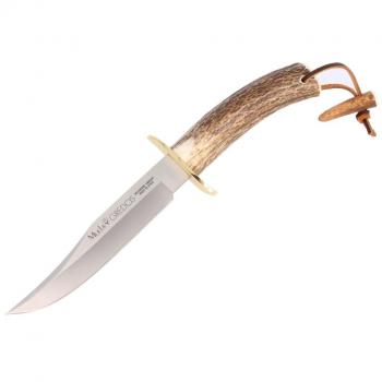 Cuchillo de caza Muela Gredos GRED-16 con elegante puño de asta de ciervo y latón, hoja MOVA de 16 cm + tarjeta multiusos de regalo