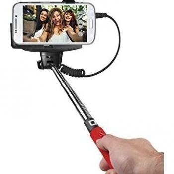 SBS Palo Selfie Universal para Smartphone, Cable Jack 3,5, telescópico hasta 1 m, Adaptador de Goma, botón en la Barra, Rojo
