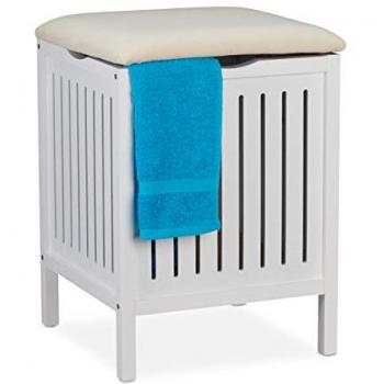 Banco de Baño con Asiento, Cesto Ropa Sucia Estilo Rústico, 40 L, Taburete de Madera y Tela, 55 x 41 x 41 cm, Blanco