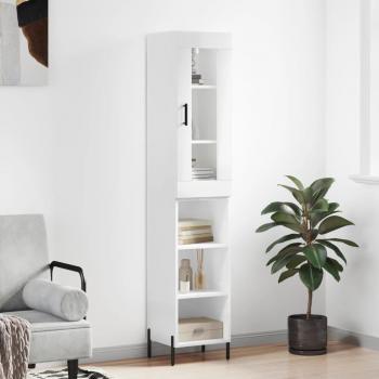 Aparador alto de madera contrachapada blanco brillo 34,5x34x180 cm con 3 estantes, mueble de almacenaje para salón, buffet y armario auxiliar