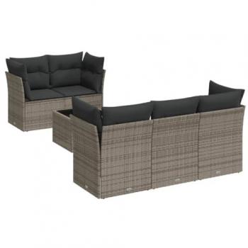 6-Piece Grey Poly Rattan Garden Sofa Set with Cushions