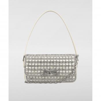 Crystal-Adorned White Baguette Shoulder Bag