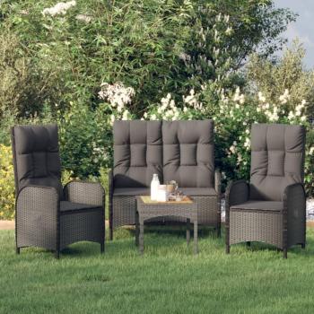 Set de almuerzo de jardín de 3 piezas con almohadas negras en Polyrattan