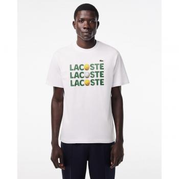 Camiseta de Manga Corta Lacoste para Hombres - Color Blanco, Fabricada en Algodón Grueso con Estampado de Pelotas
