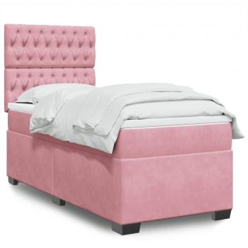 Cama box spring con colchón de muelles en terciopelo rosa 100x200 cm
