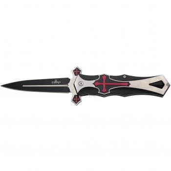 THIRD Navaja asistida 17510, Mango de Aluminio Acabado en Negro y Satinado con Cruz templaria roja, Hoja de Acero INOX Negra de 10,7 cm. Incluye Clip.