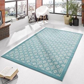 Designer terciopelo Alfombra Tile Azul Crema | 102423, 200 x 290 cm