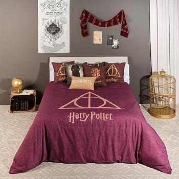 Funda Nórdica Harry Potter Deathly Hallows 220 x 220 cm Multicolor 175 Hilos con Botones para Cama de 135/140 - Licencia Oficial