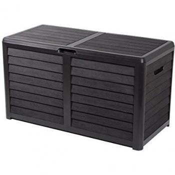 Baya 420L Plastic Garden Storage Chest - Anthracite Grey - Wood Imitation Decor - UV Resistant and Safety Features