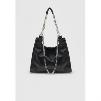 Black Faux Leather Chain Tote Bag OS