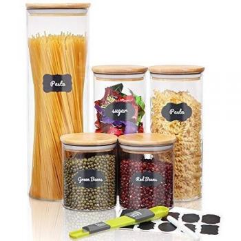 SAWAKE Tarro de Vidrio de Almacenamiento Set de 5,Botes de Cristal con Tapa de Bambú,Hermético Cocina Recipientes para Pasta,Mermelada,Harina,Azúcar,Té,Frijol