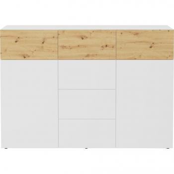 Comoda Belm 2 Puertas 6 Cajones - L163 x H115 cm, Blanco Brillante y Roble Artisan