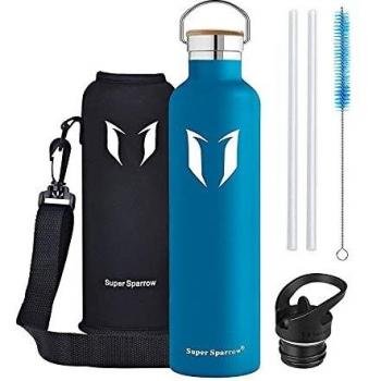 Super Sparrow Botella Agua Acero Inoxidable - Botella Agua Niños - 1L - Botella Termica Boca Estándar - Sin BPA , para Niños & Adultos, Deporte, Oficina, Yoga, Ciclismo