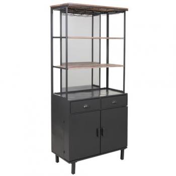 Vitrina Botellero de Metal y Madera Gris con 2 Baldas, 2 Puertas y 2 Cajones - Dimensiones: 80x42x182 cm