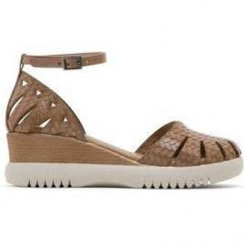 Sandalias de Cuña de Piel Taupe Edna con Cierre de Hebilla y Altura de 5cm