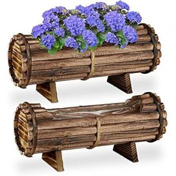 Relaxdays Jardinera de Madera, Juego de 2 jardineras de Madera, 18 x 40 x 14 cm, para Interior y Exterior, Barril con lámina de plástico, marrón, 10037609