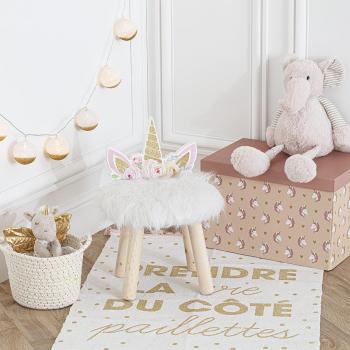 Taburete Infantil Unicornio Decorativo en Pino/MDF E1 Blanco con Piel Sintética 27x40cm