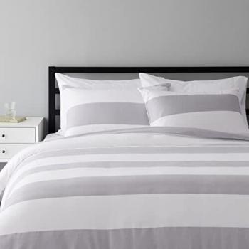 Amazon Basics - Juego de cama de franela con funda nórdica - 230 x 220 cm/50 x 80 cm x 2, Rayas grises