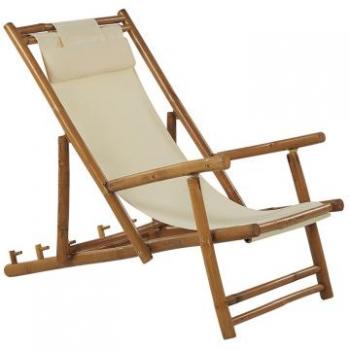 Conjunto de 2 tumbonas de jardín de madera clara y bambú natural con tela color blanquecino, sillas plegables para muebles de balcón Atrani