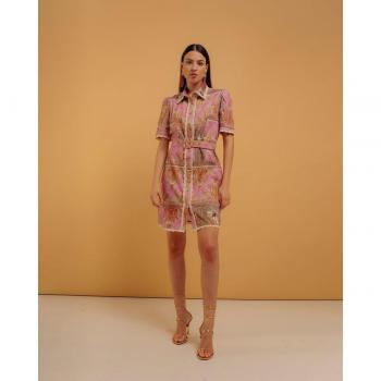 Vestido Corto Recto Camisero Estampado Patchwork Tonos Rosas y Camel