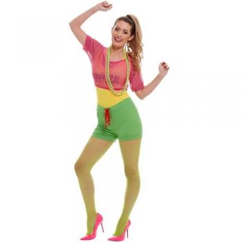 Disfraz de Aeróbic de los Años 80 para Mujer - Body, Camiseta Corta, Shorts y Banda para el Pelo - Talla L