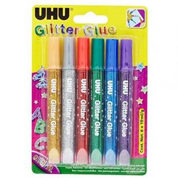 UHU Pegamento con Purpurina Brillante en la Oscuridad 6x10 ml Pack de 6 Tubos Colores Original, 610ml