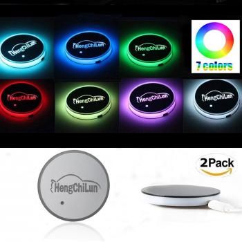 K-Bright 2pcs Posavasos de coche,7 Cambios de colores Coaster del coche,IP 67 Impermeable Luces de la atmósfera del coche LED,Cup Holder Pad/Luz del sensor llevado Con USB recargable                                                                        