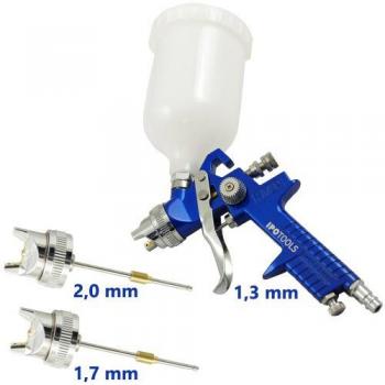IPOTOOLS Pistola Pintura HVLP H-827P - Sistema Profesional de Pintura con Vaso de plástico de 600 ml y Boquilla de Acero Inoxidable 1,3mm + 2X Juego de boquillas de 1,7mm y 2,0mm