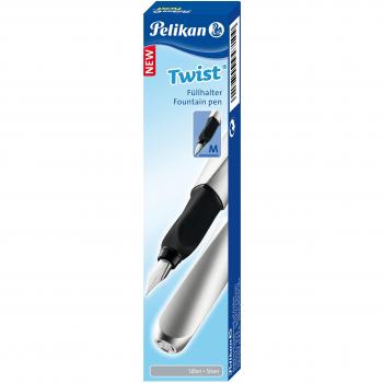Pelikan 947101 - Pluma estilográfica Twist cartucho de tinta azul incluido, mango ergonómico, para usuarios diestros y zurdos, uso escolar, punta de acero M, Plata/Silver