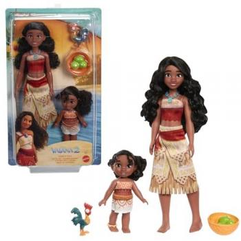 Pack de muñecas hermanas Vaiana 2 JBT66 MATTEL, incluye dos muñecas con atuendos característicos, mascota Heihei, accesorios de coco y cesta inspirados en la película