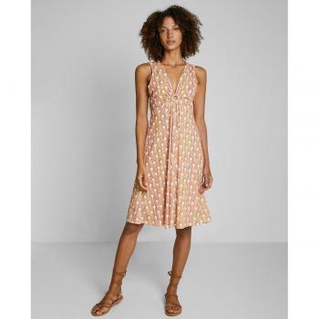 Vestido midi estampado con vuelo de tirantes y cuello en pico con detalle de aro