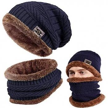 Invierno Beanie Gorro de Punto Sombrero y Cuello Bufanda Gruesa y Suave Forrado Conjunto de 2 Piezas para Hombres Mujeres