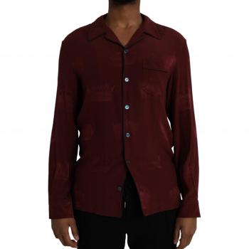 Dolce & Gabbana Maroon Crown Jacquard Silk Long Sleeve Shirt - IT38 | XS