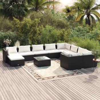 11-Piece Black Poly Rattan Garden Lounge Set with Cushions