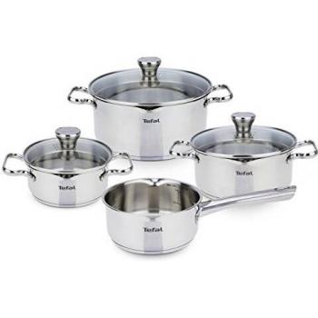 Tefal Duetto - Juego de 4 Ollas cocina: 1 Cazo cocina 16cm, 3 Cacerolas 16/20 cm, 1 Olla 24 cm de acero inoxidable, 3 tapas cristal, marcas medición, todo tipo cocinas, apto horno y lavavajillas
