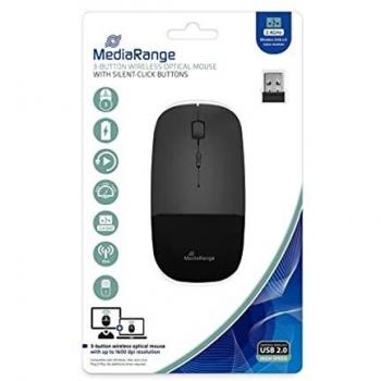 Ratón Óptico Inalámbrico MediaRange MROS215 con Clic Silencioso, Negro Brillante, 1600 DPI